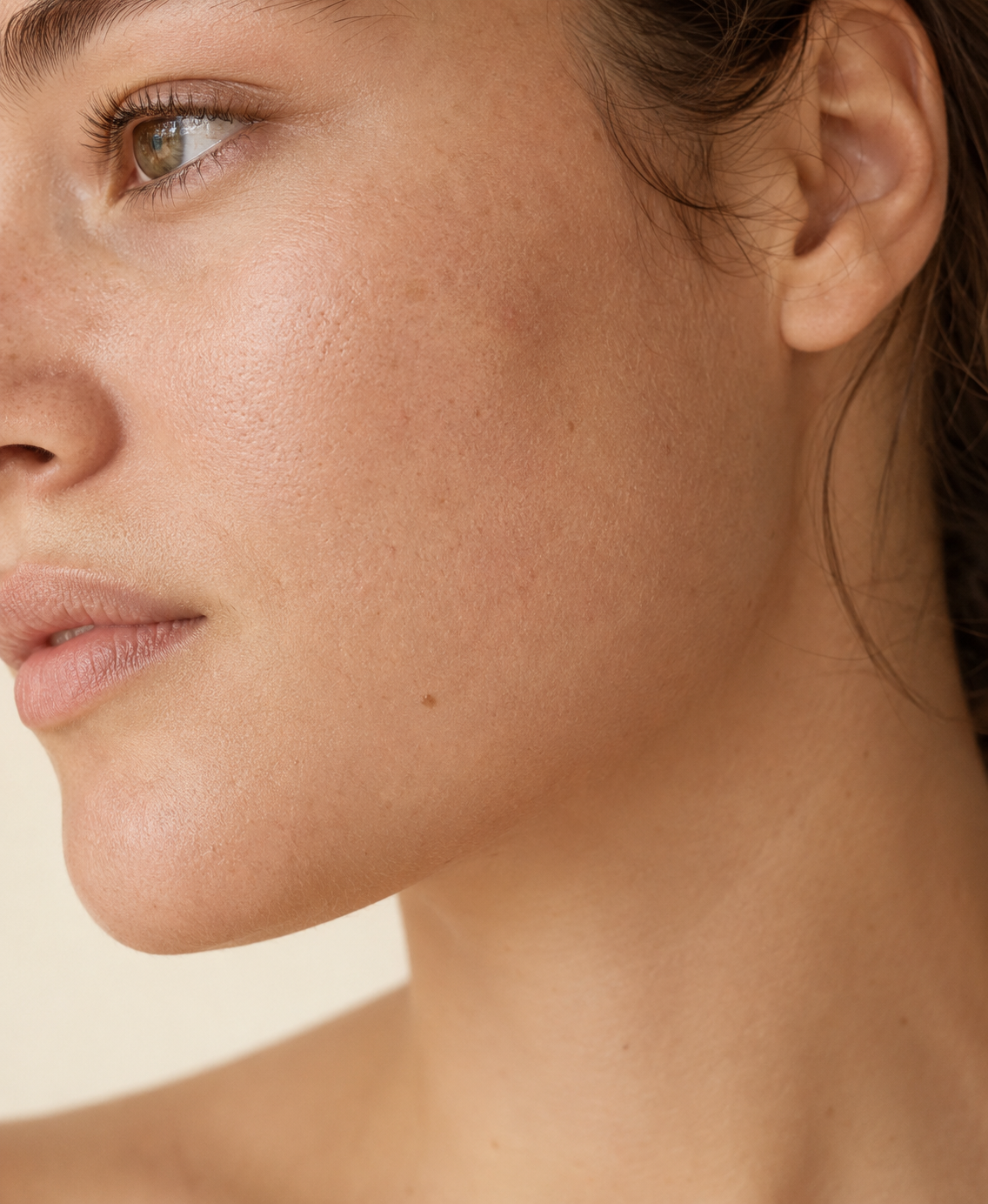 Person with clear, natural skin in warm light
